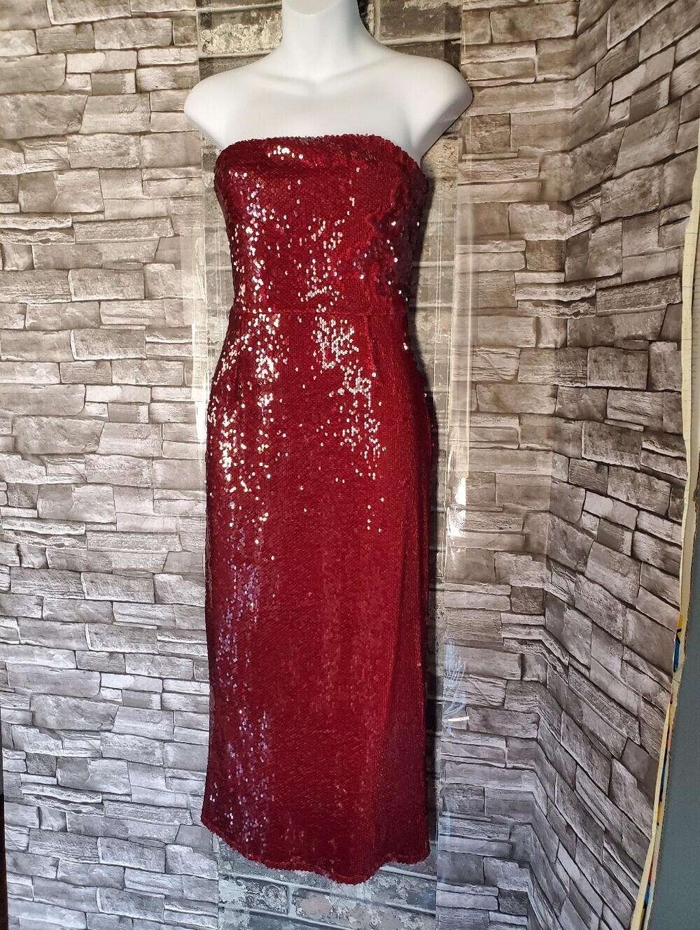 Forever 21 Red Sequin Strapless Midi Dress Formal Cocktail Evening Medium